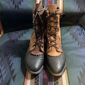 Two Tone Brown Black Leather Packer Cowboy Boots Lace Up Boot. Women 7-1/2 M